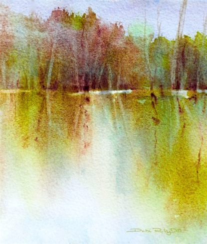 golden tree reflections, watercolor painting, debiriley.com 