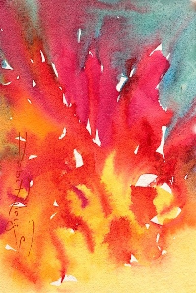 colorful abstract contemporary watercolor, flower in flames, debi riley art 