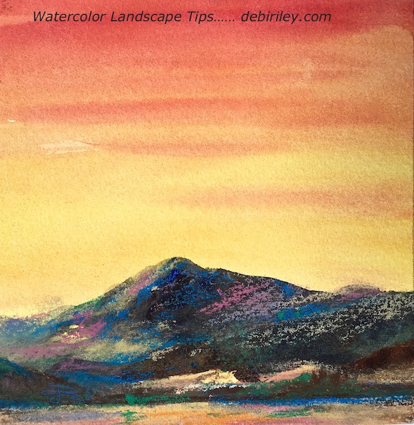 watercolor sunset landscape, bright red sky, mountain at dusk painting, debiriley.com