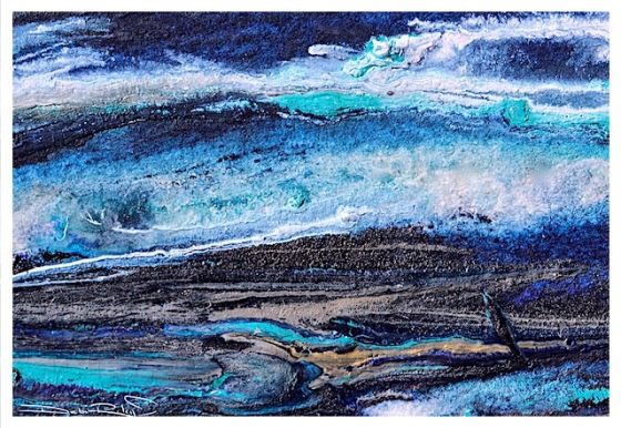 acrylic palette knife painting in blue, ocean seascape abstract, wild seas art, debiriley.com 