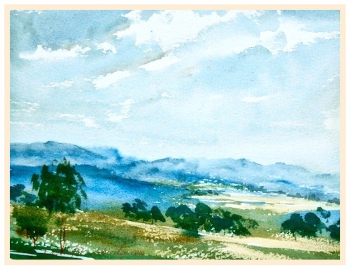 impressionist watercolor landscape, plein air painting, cobalt blue pb28 watercolor, limited palette watercolors, debiriley.com