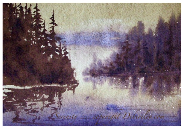 watercolor landscapes tree reflections, painting morning on the water using watercolors, creating mood with paint, debiriley.com 